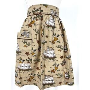 Vintage Kitchen Apron Handmade Homeward Bound Ship Motif Tan